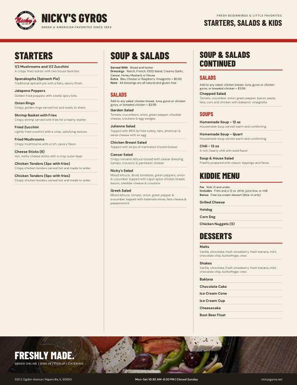 Nicky's starters, soups, and salads menu