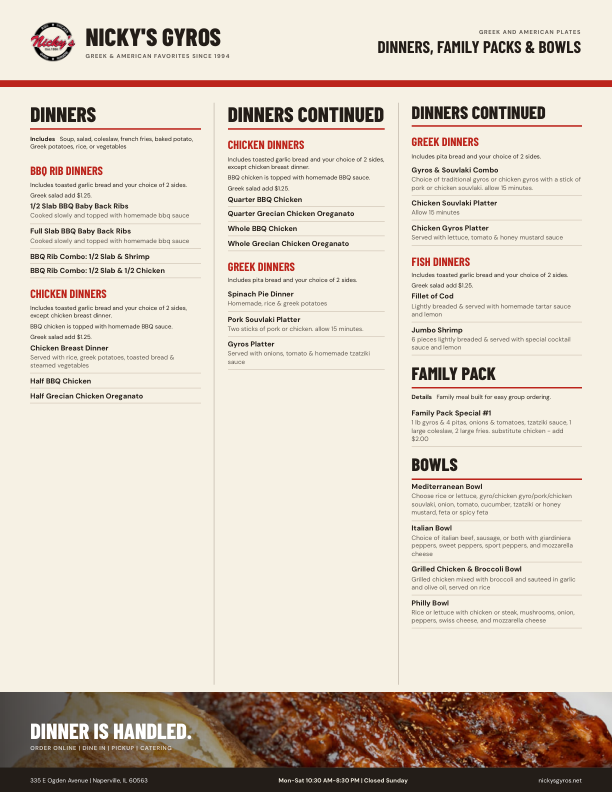 Nicky's dinners and family packs menu