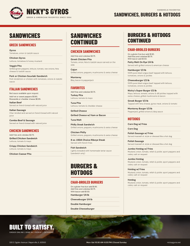 Nicky's sandwiches, burgers, and value meals menu