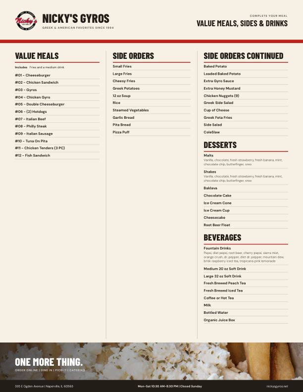 Nicky's kids menu, bowls, sides, desserts, and beverages menu